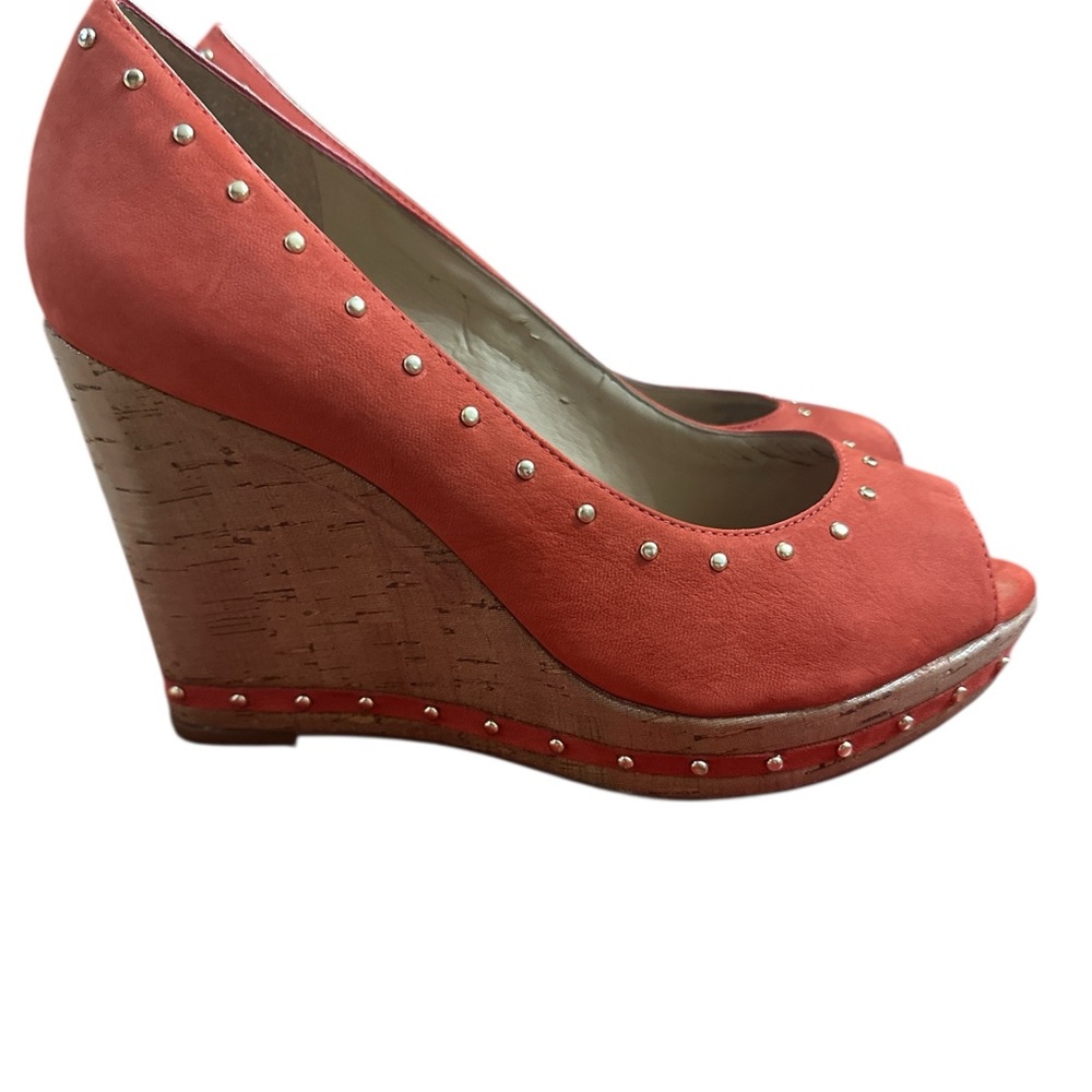 Coral Peep-Toe Wedge Pumps with Stud Detail